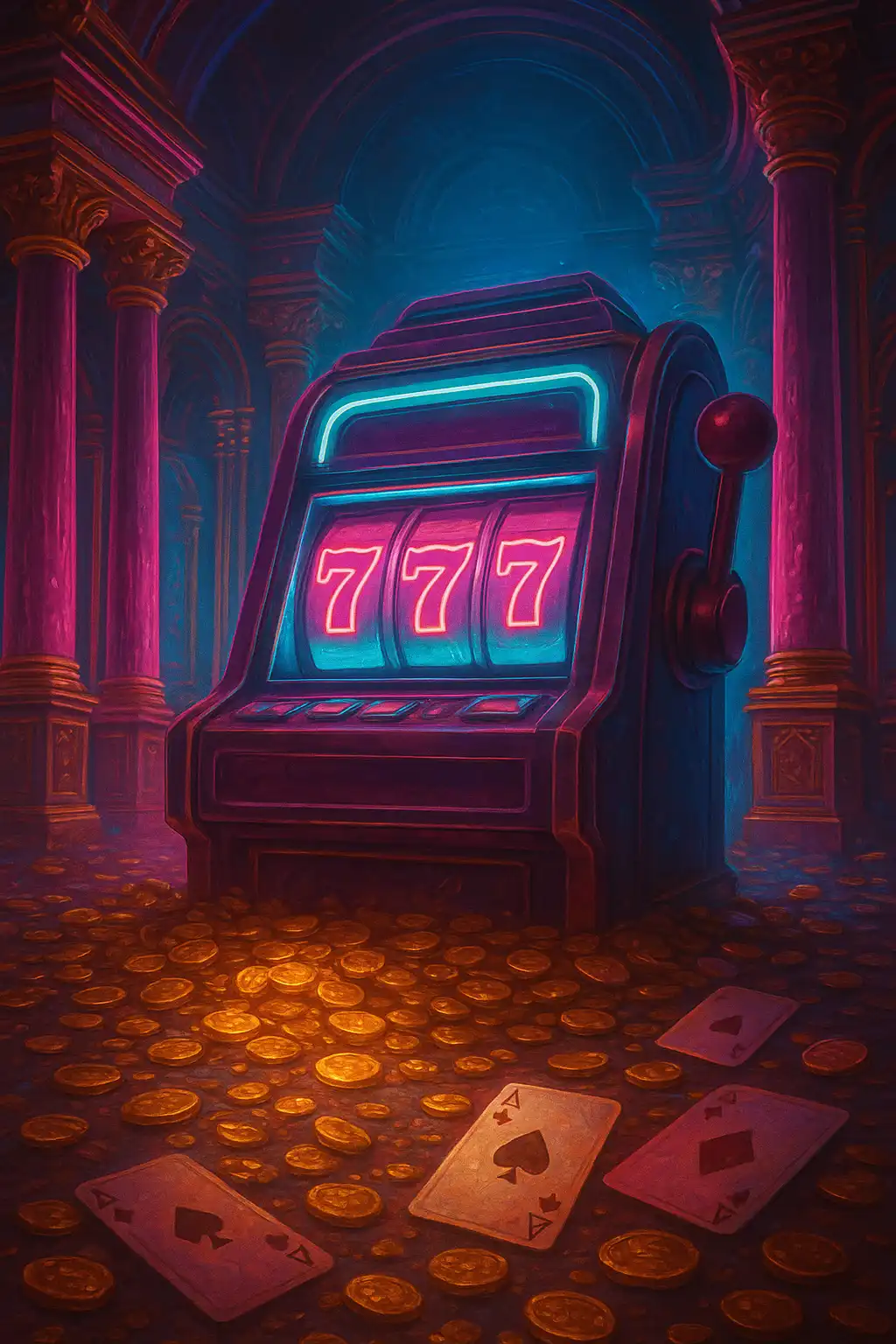 Palais royal doré du casino Testbet illuminé de néons roses et cyan