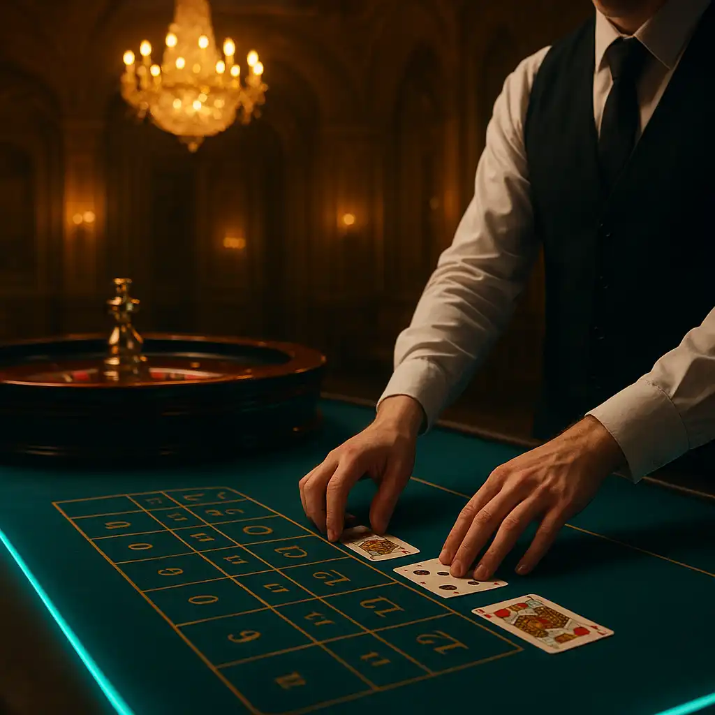 Table de casino live avec croupier réel, roulette et cartes sous éclairage doré et néon