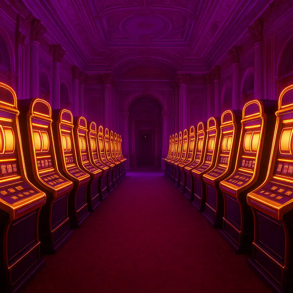 Rangée de machines à sous dorées illuminées de néons dans le palais Testbet