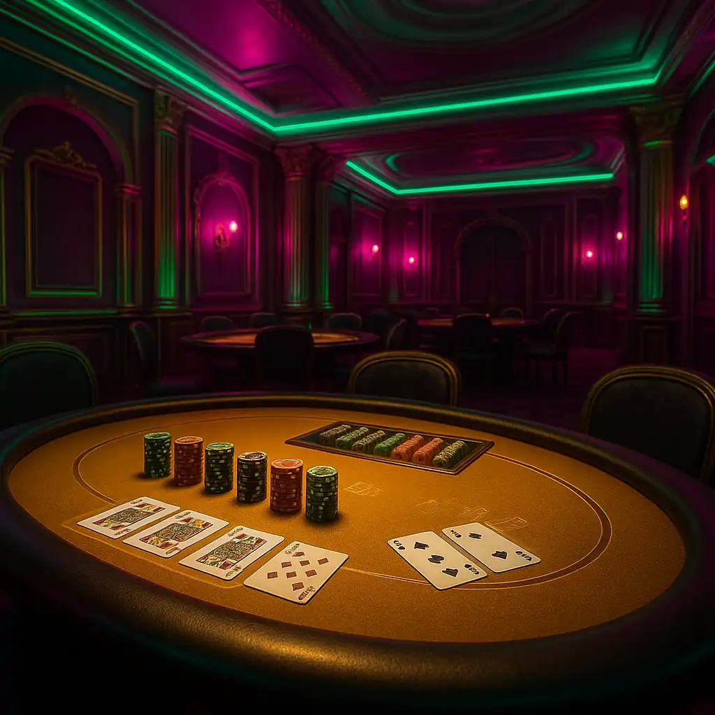 Jeux de table dorés avec cartes et jetons de poker sous éclairage néon vert et rose